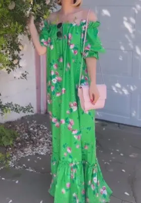 Green Powder-Print Off-Shoulder Dress