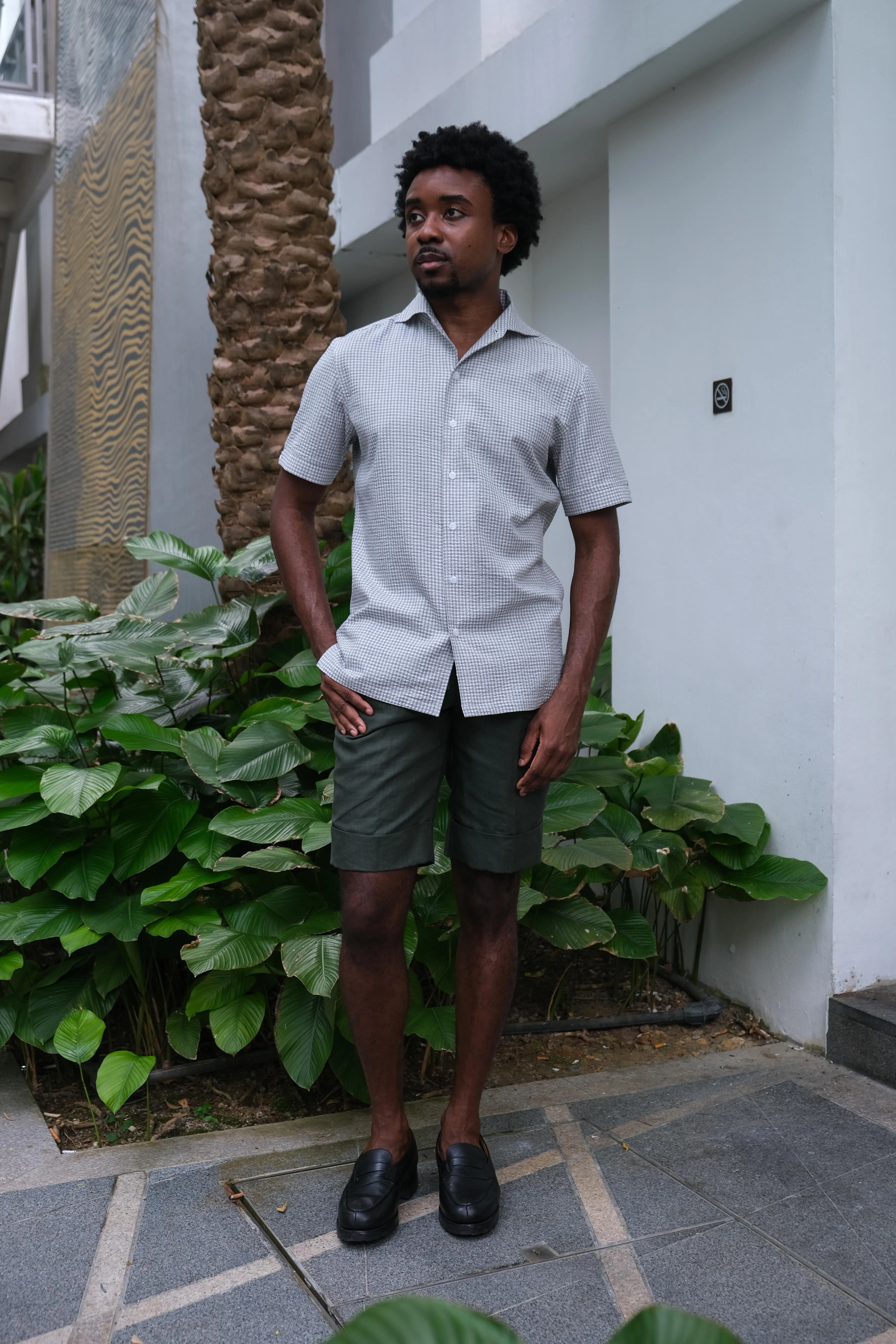 Grey Check Seersucker Short Sleeve Shirt