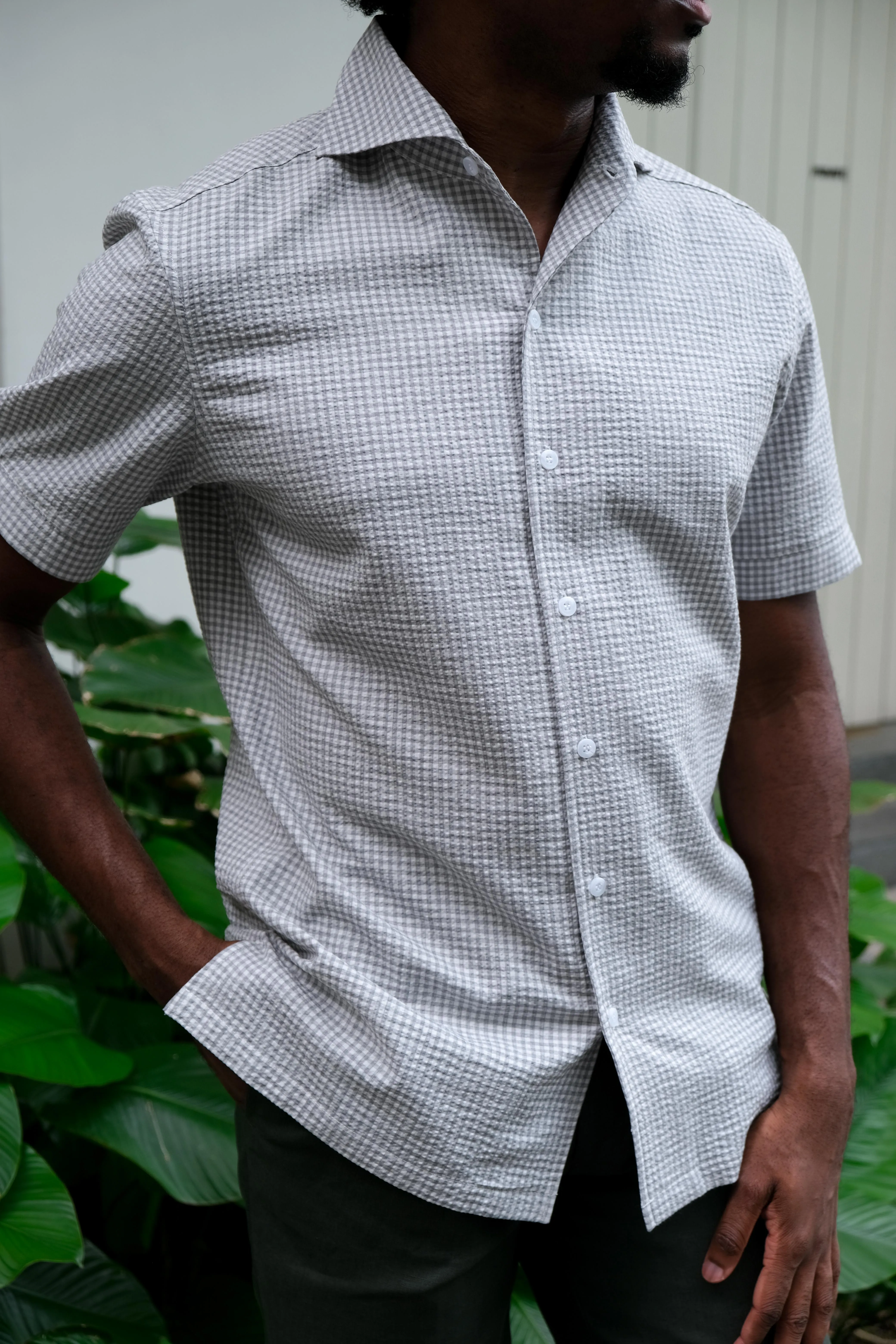 Grey Check Seersucker Short Sleeve Shirt