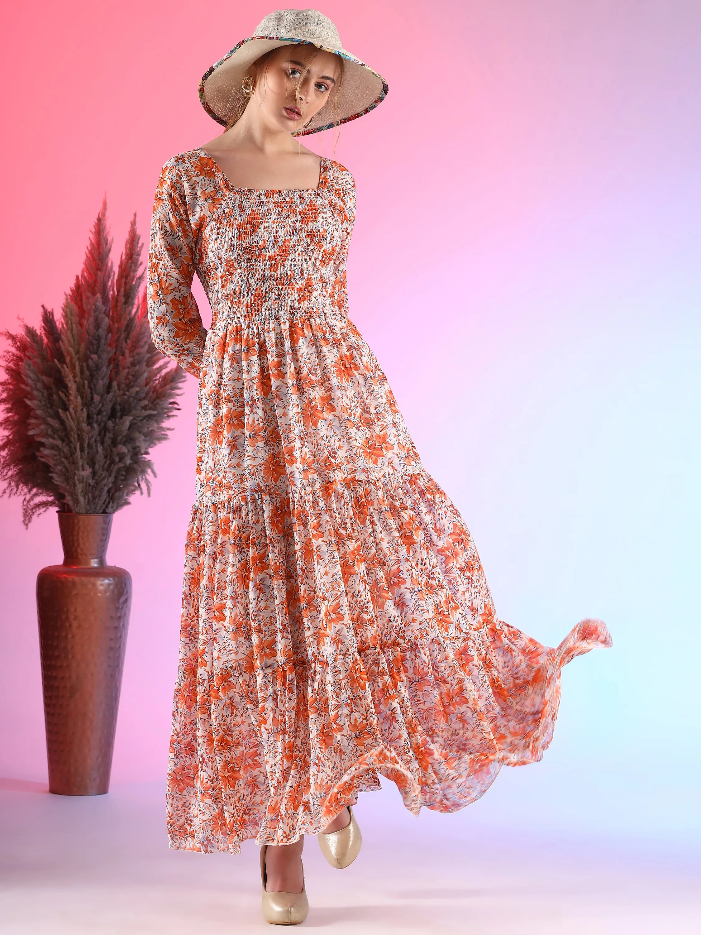 Harvest Harmony Fit and Flare Square Neck Georgette Dress