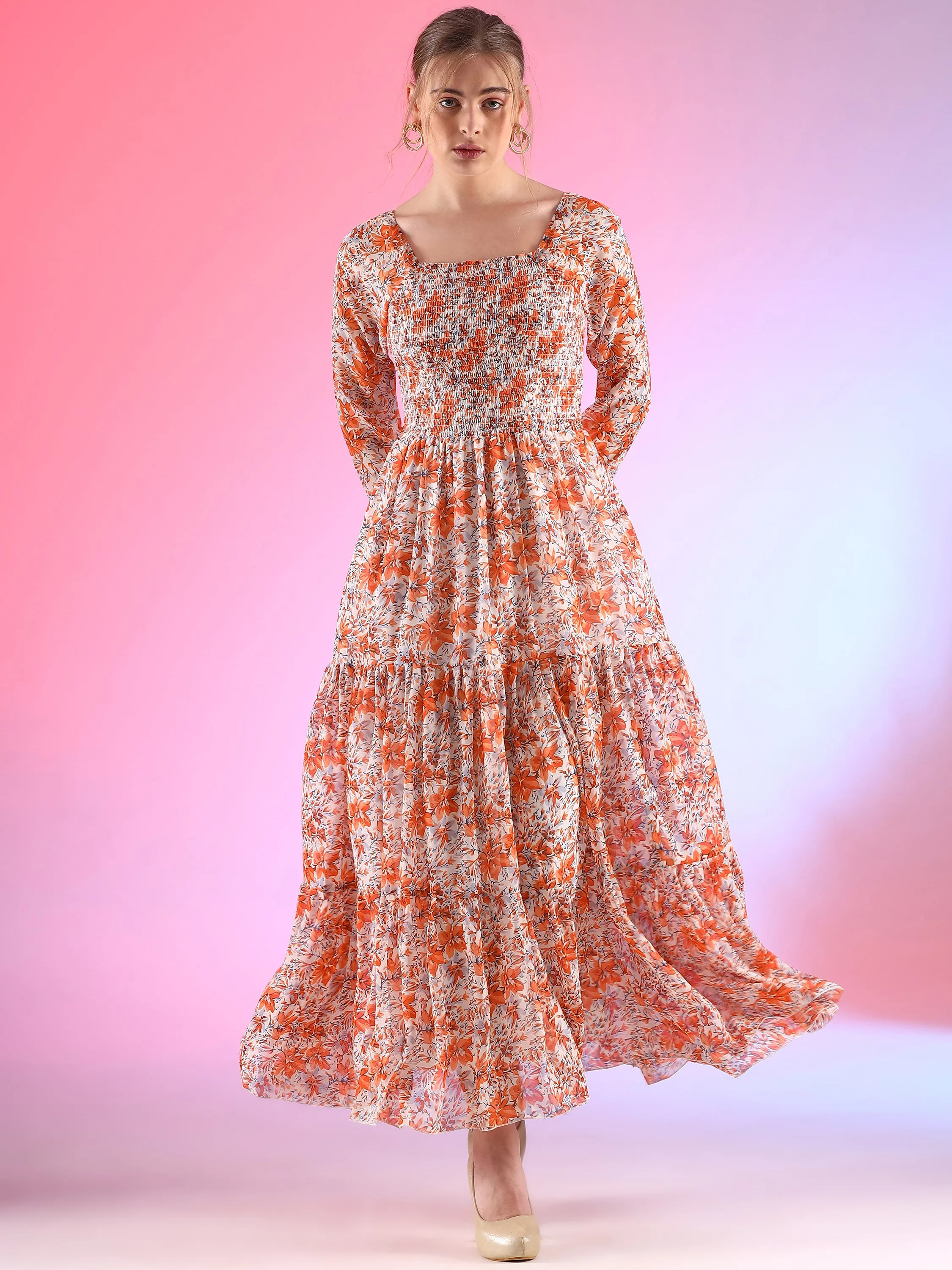 Harvest Harmony Fit and Flare Square Neck Georgette Dress