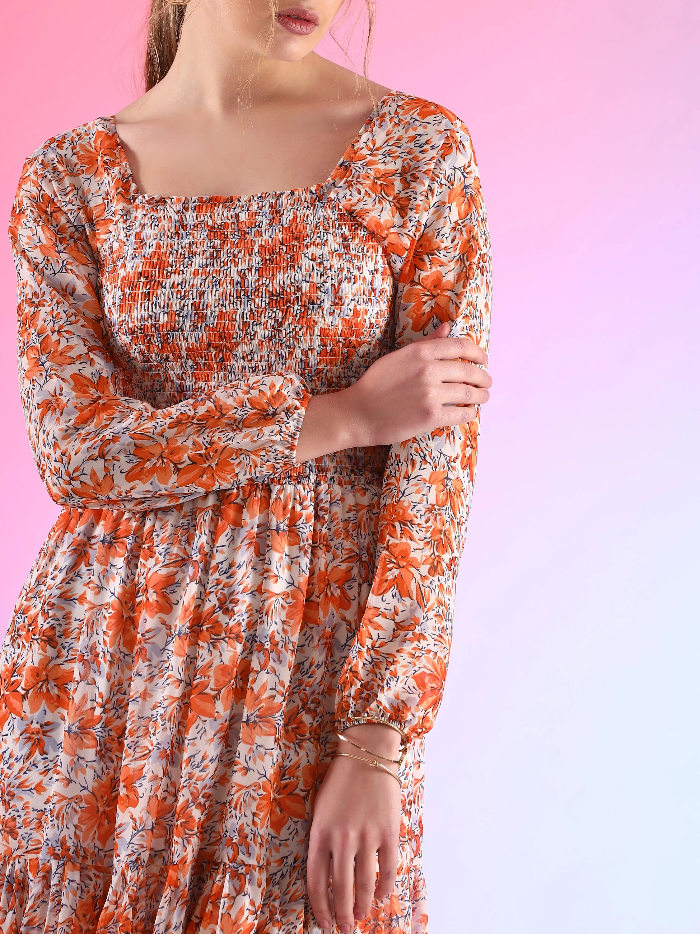 Harvest Harmony Fit and Flare Square Neck Georgette Dress