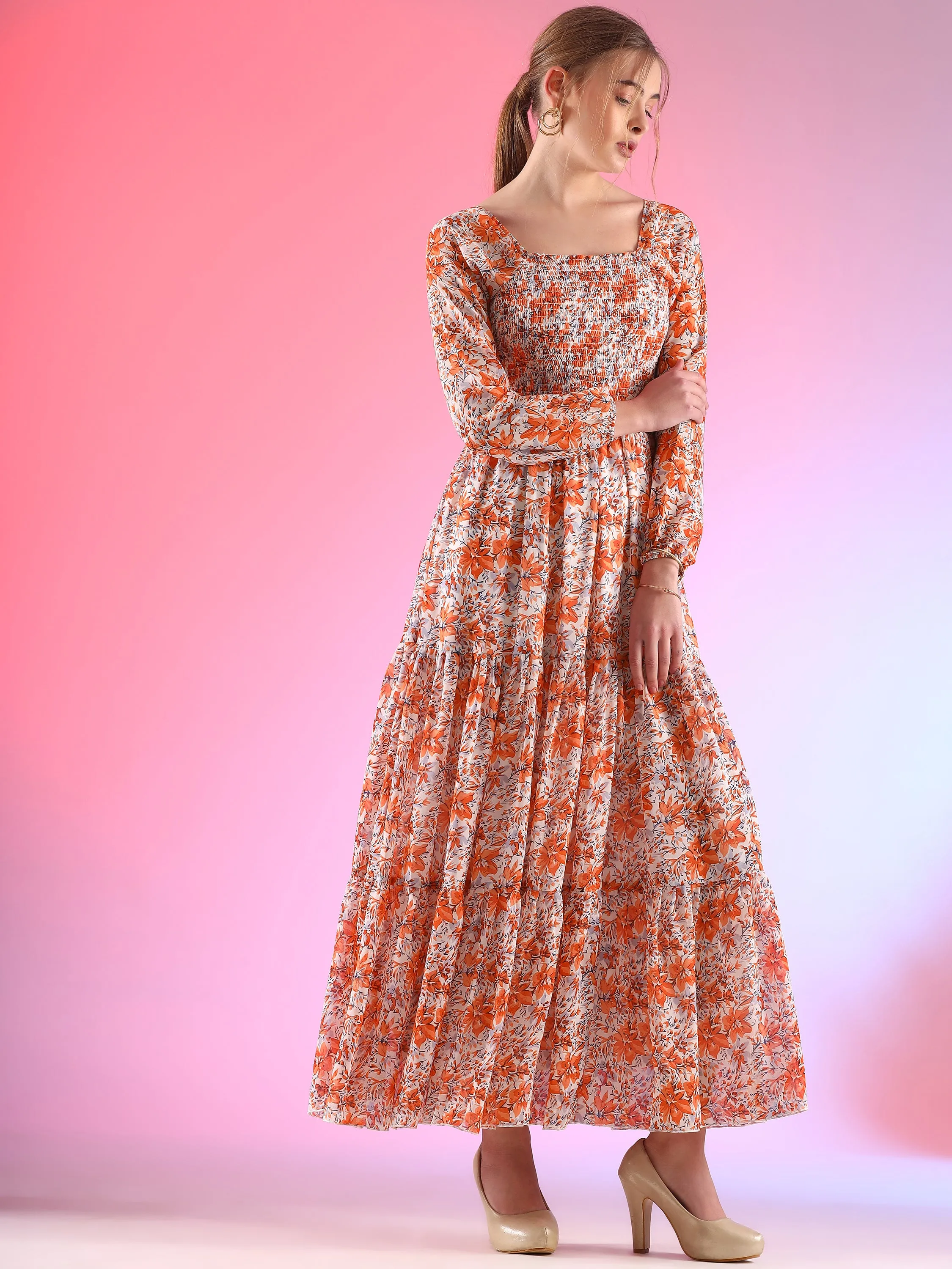 Harvest Harmony Fit and Flare Square Neck Georgette Dress