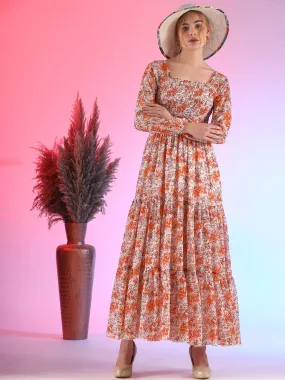 Harvest Harmony Fit and Flare Square Neck Georgette Dress