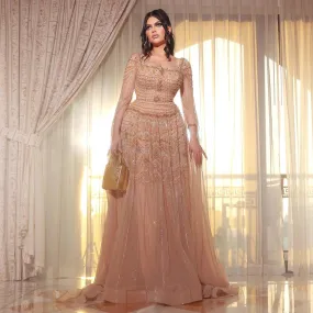 HELEN Luxury Nude Evening Dress with Cape Sleeves