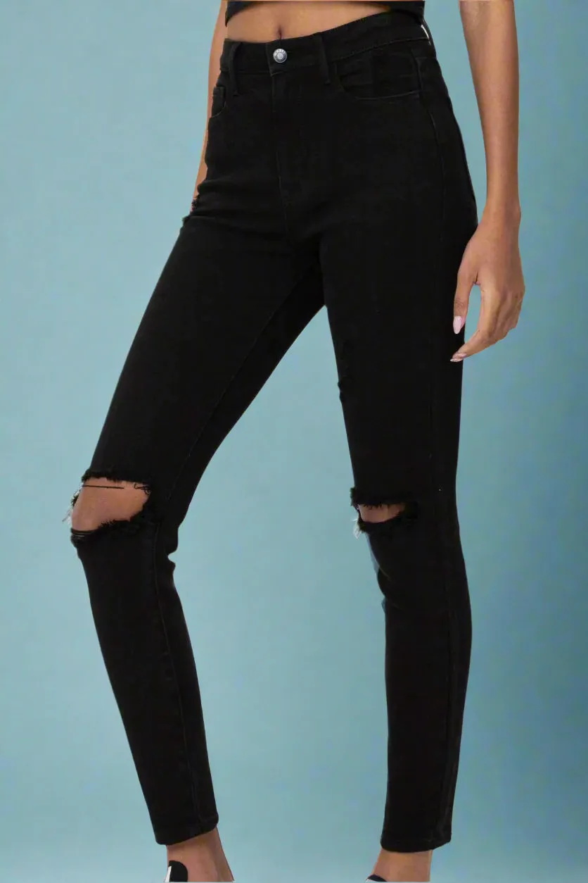 High Rise Distress Ankle Skinny C246 Black