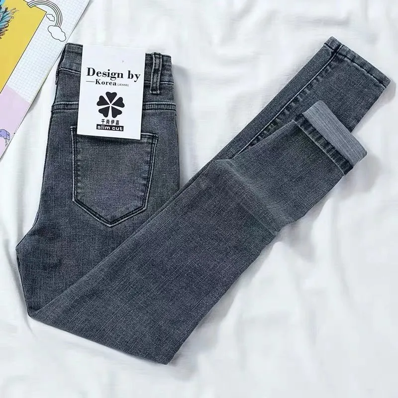 High Waist Denim Pants Women Slim Look Tall Look Fit Summer Stretchable Fitted Black Pants