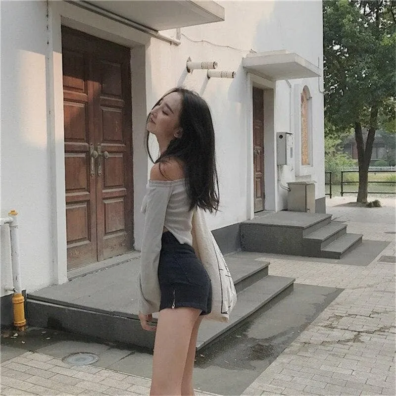 High-Waist Denim Shorts With Zipper Split