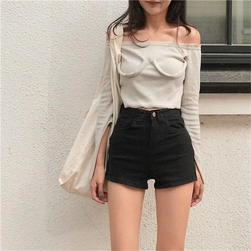 High-Waist Denim Shorts With Zipper Split