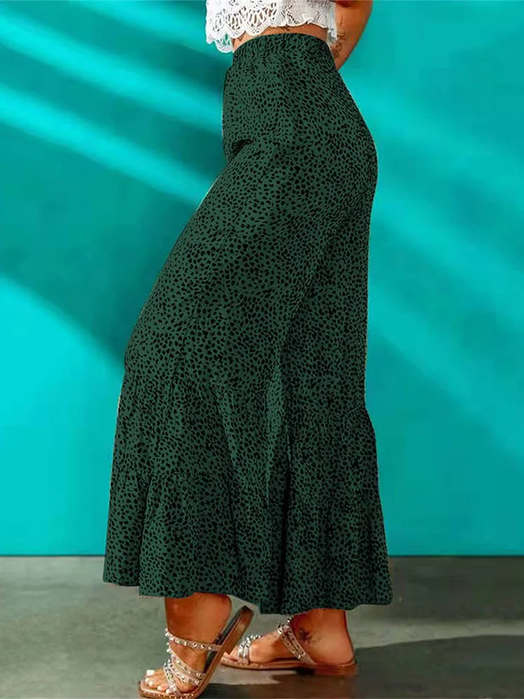 High Waist Leopard Print Ruffle Long Pants