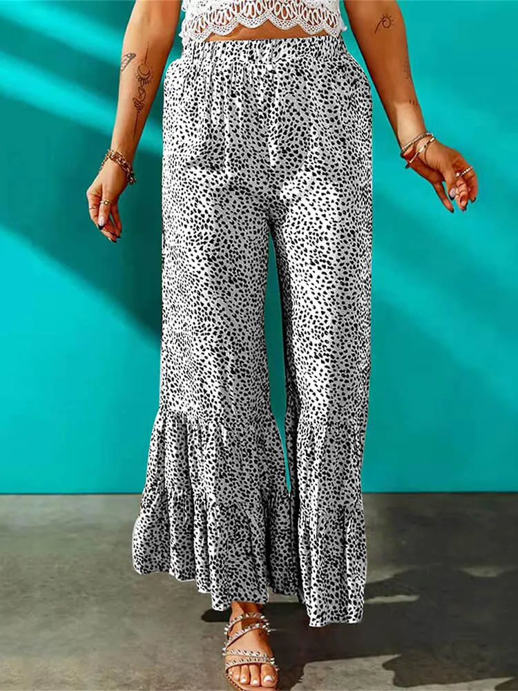 High Waist Leopard Print Ruffle Long Pants