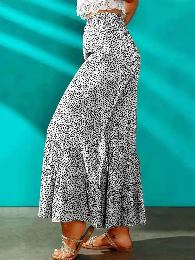High Waist Leopard Print Ruffle Long Pants