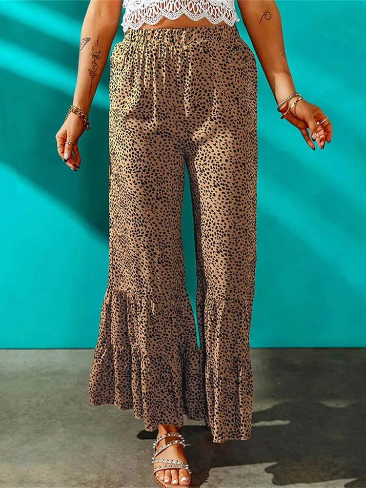 High Waist Leopard Print Ruffle Long Pants