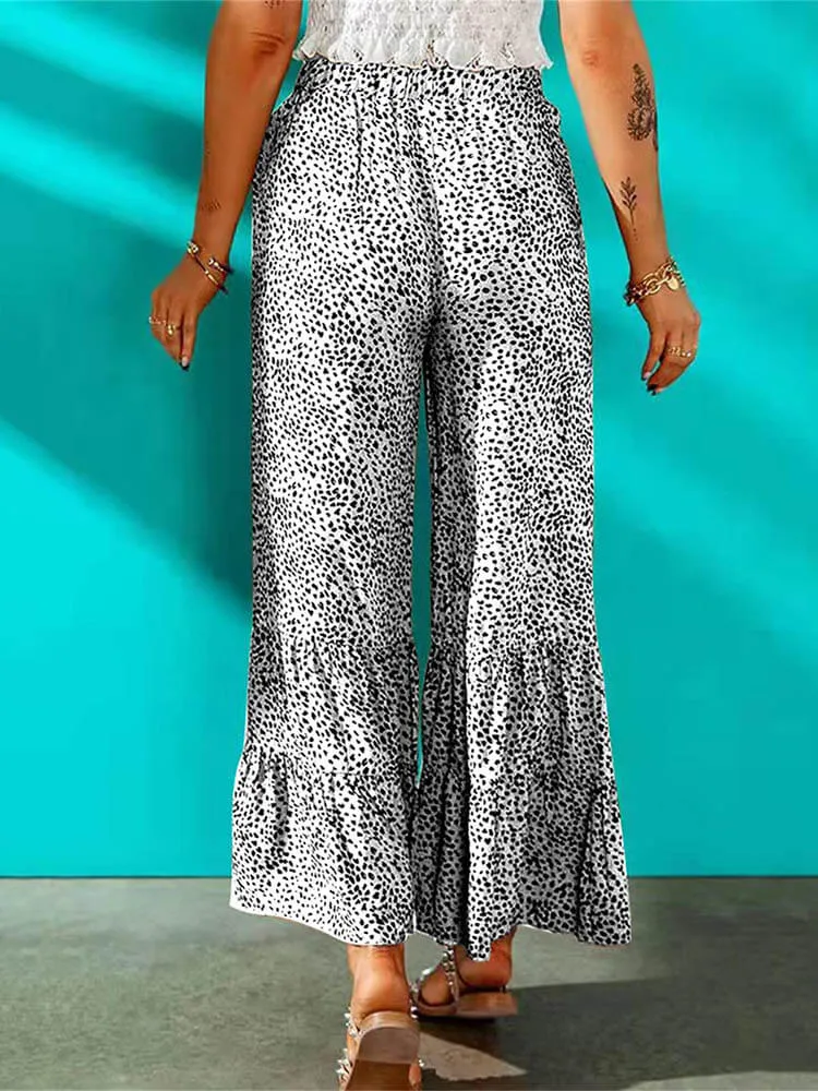 High Waist Leopard Print Ruffle Long Pants