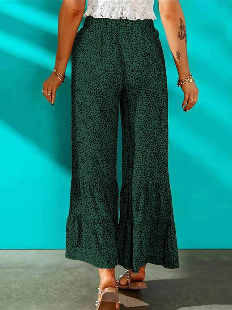 High Waist Leopard Print Ruffle Long Pants