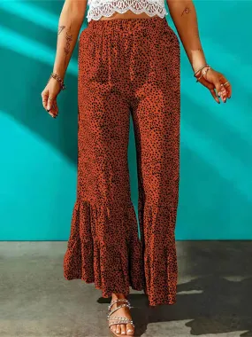 High Waist Leopard Print Ruffle Long Pants