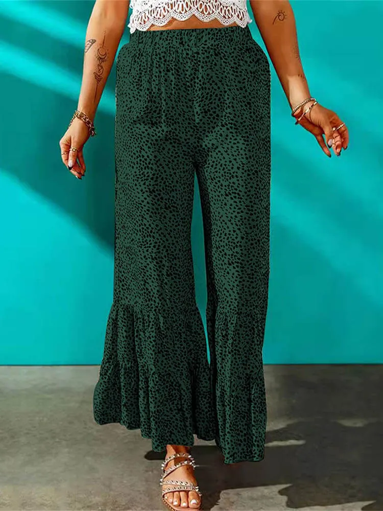 High Waist Leopard Print Ruffle Long Pants