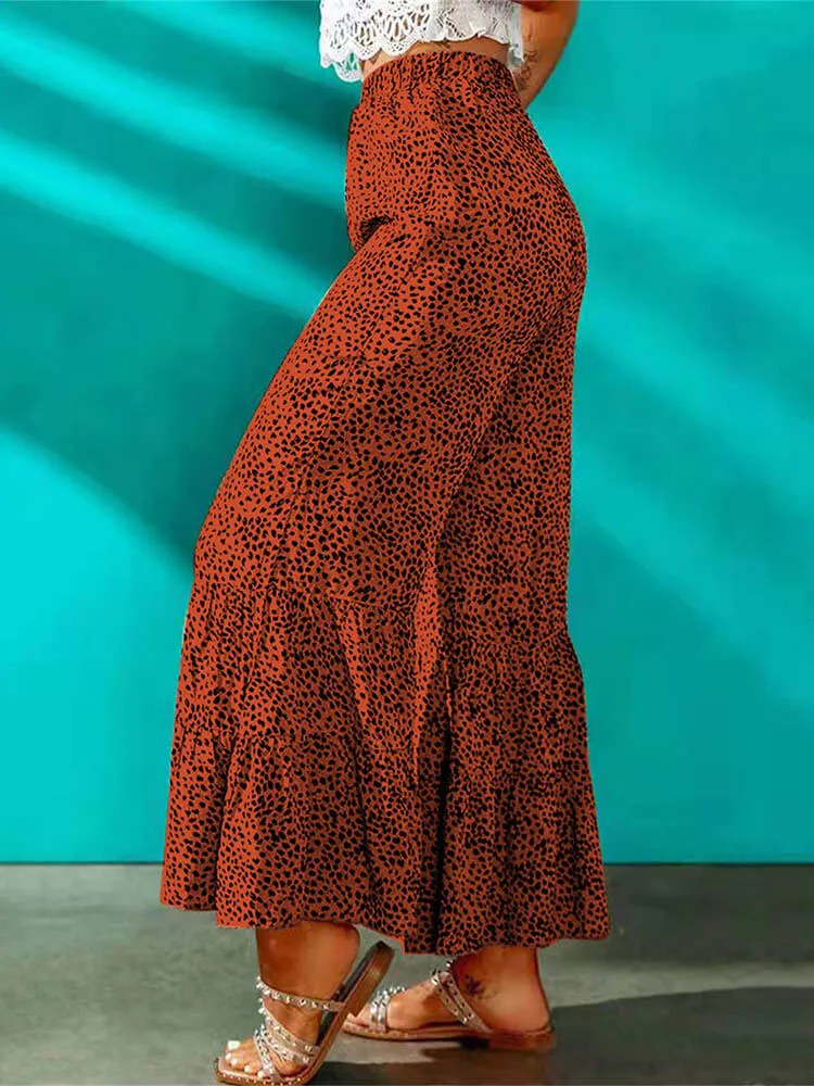 High Waist Leopard Print Ruffle Long Pants