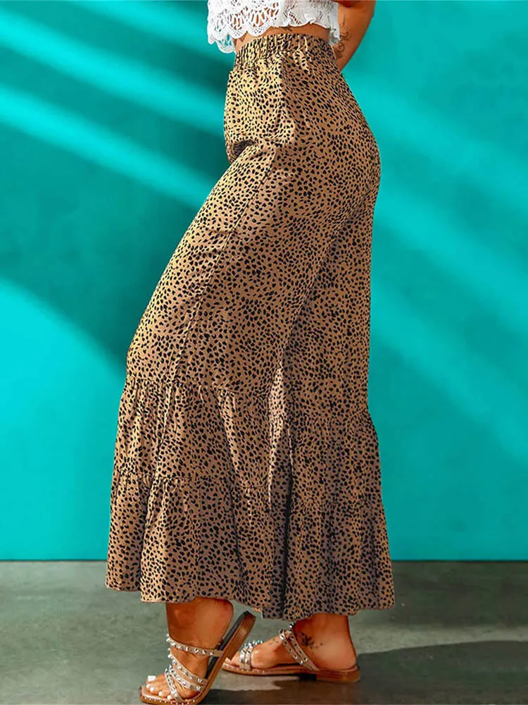 High Waist Leopard Print Ruffle Long Pants