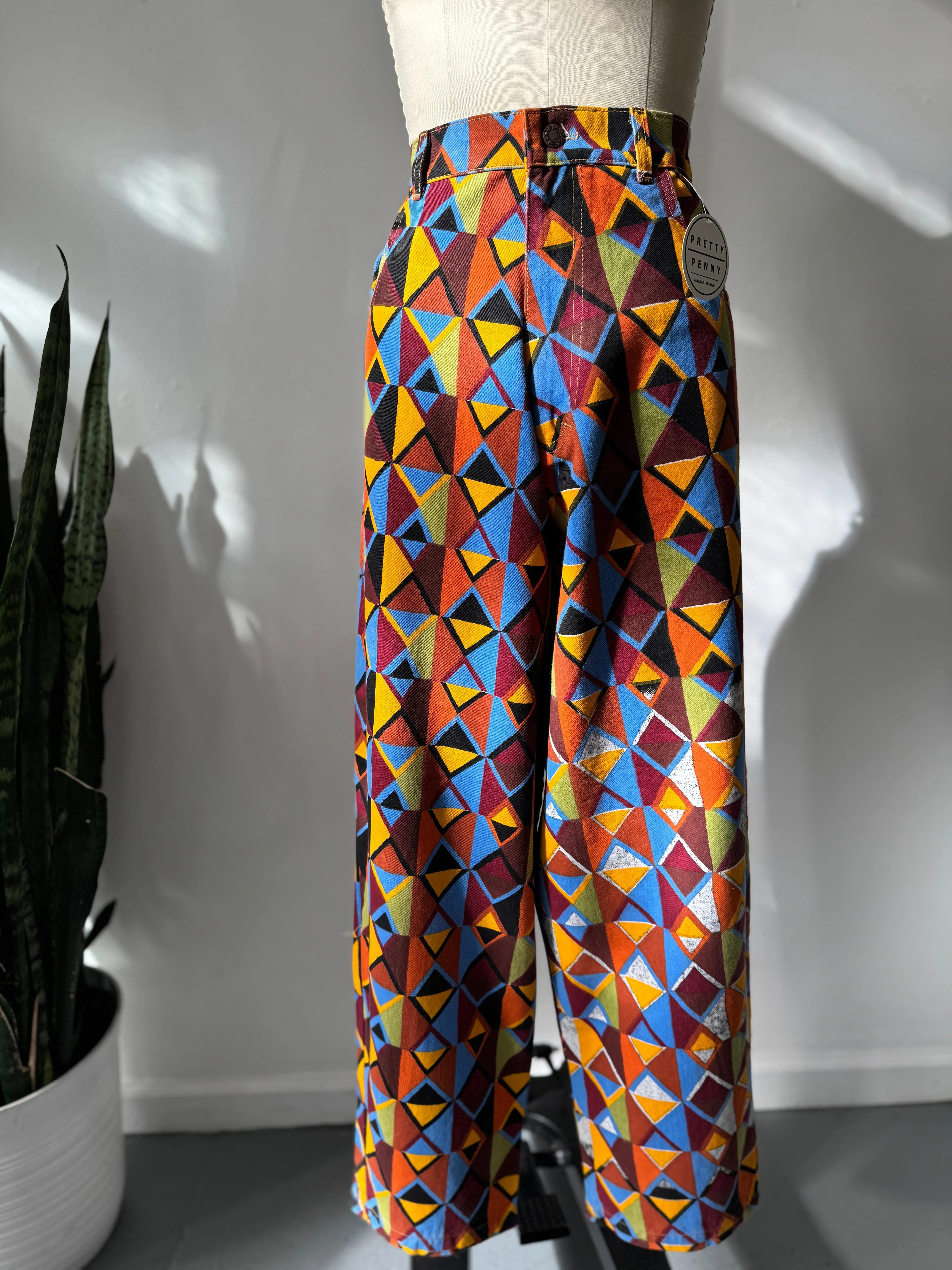 High waist vibrant color   print pants waist “34”