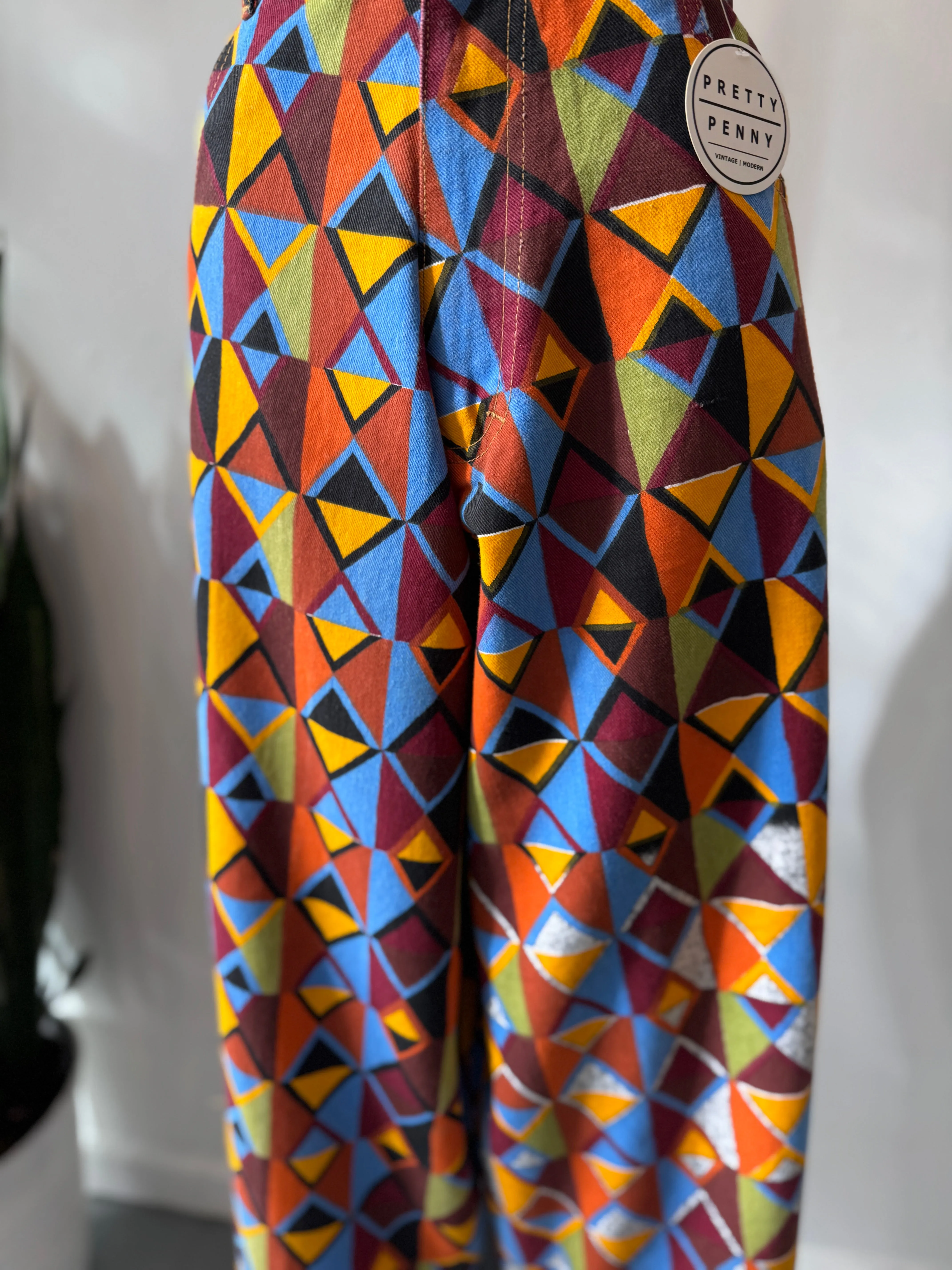 High waist vibrant color   print pants waist “34”