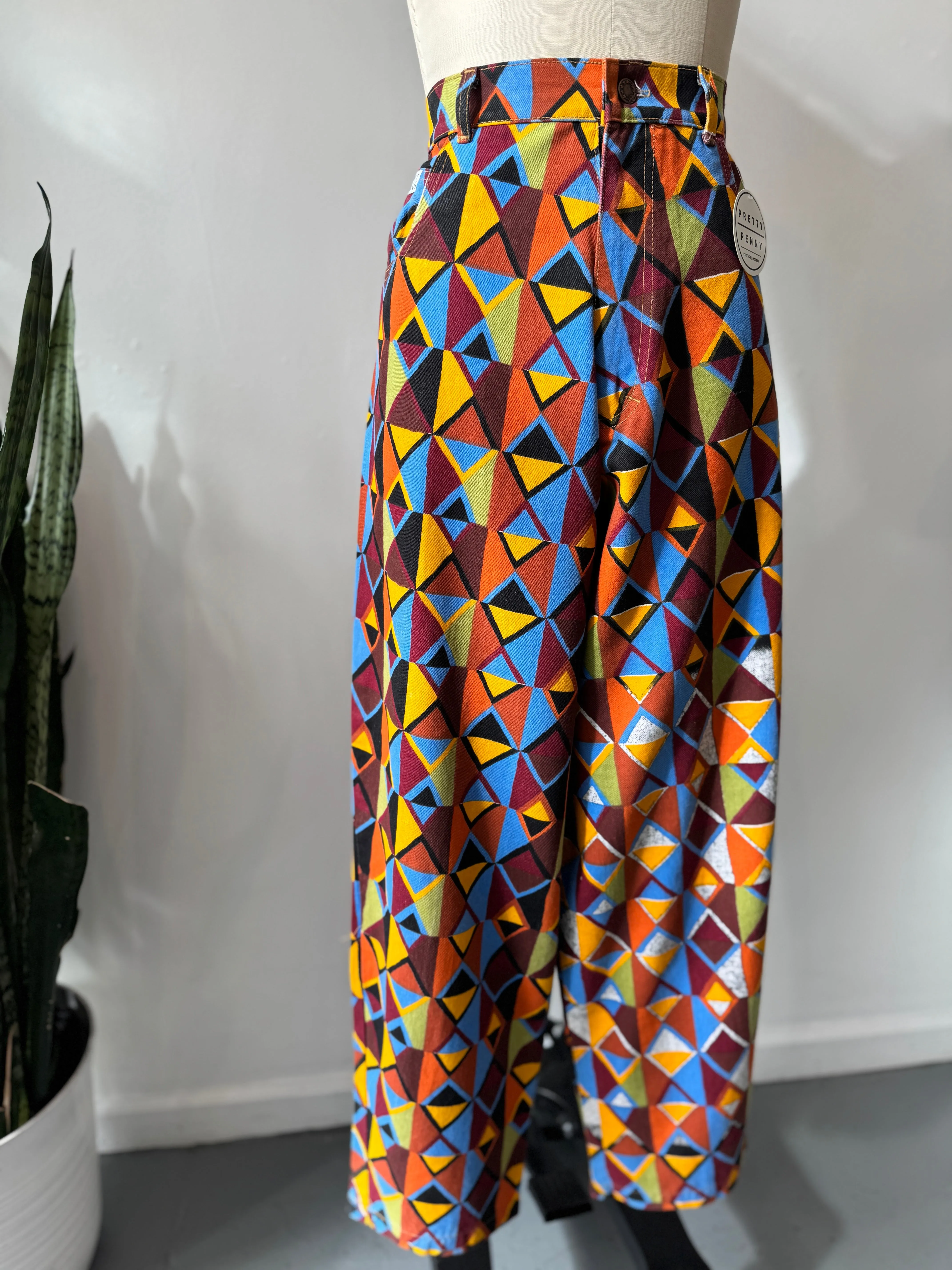 High waist vibrant color   print pants waist “34”