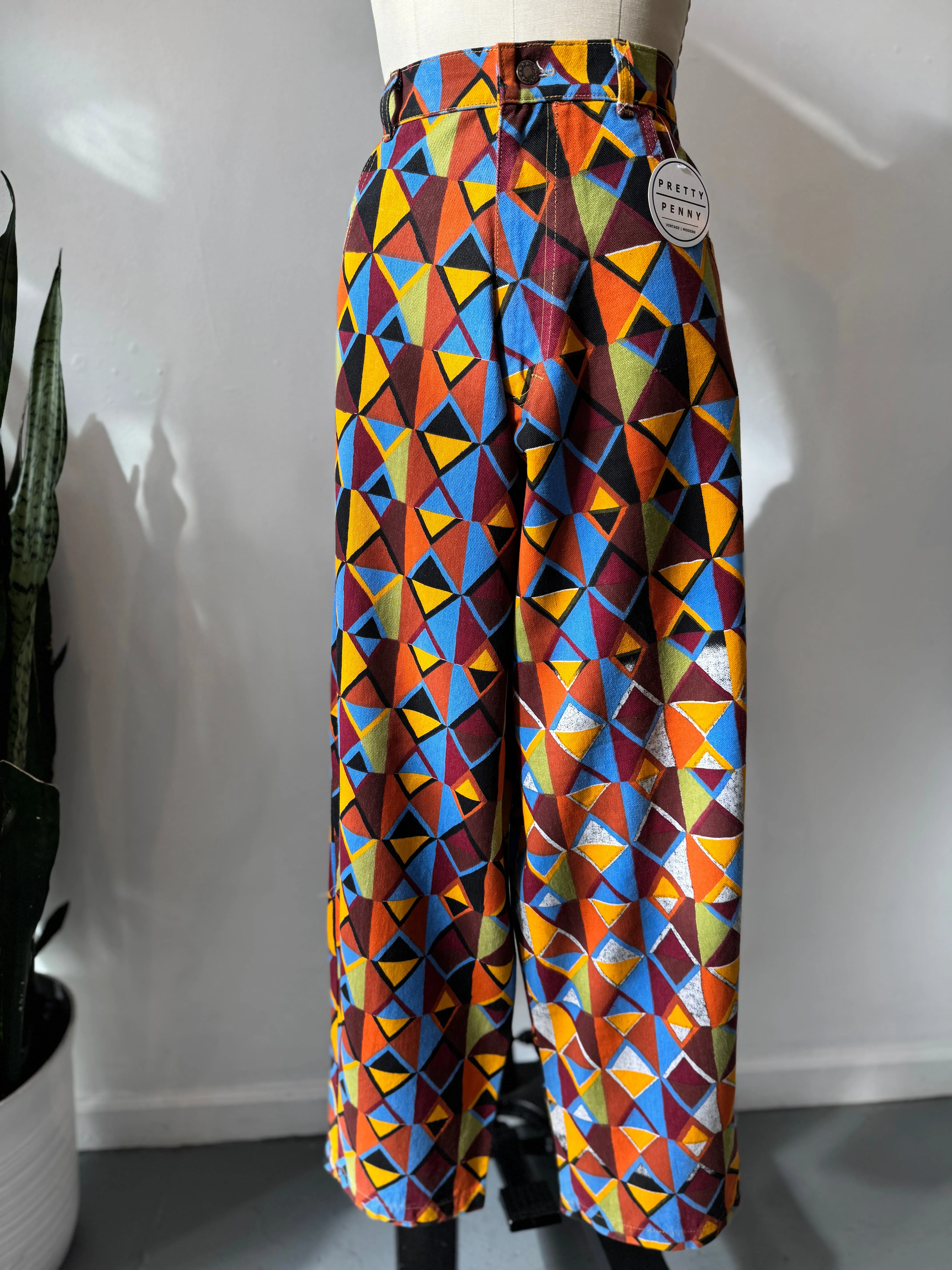 High waist vibrant color   print pants waist “34”
