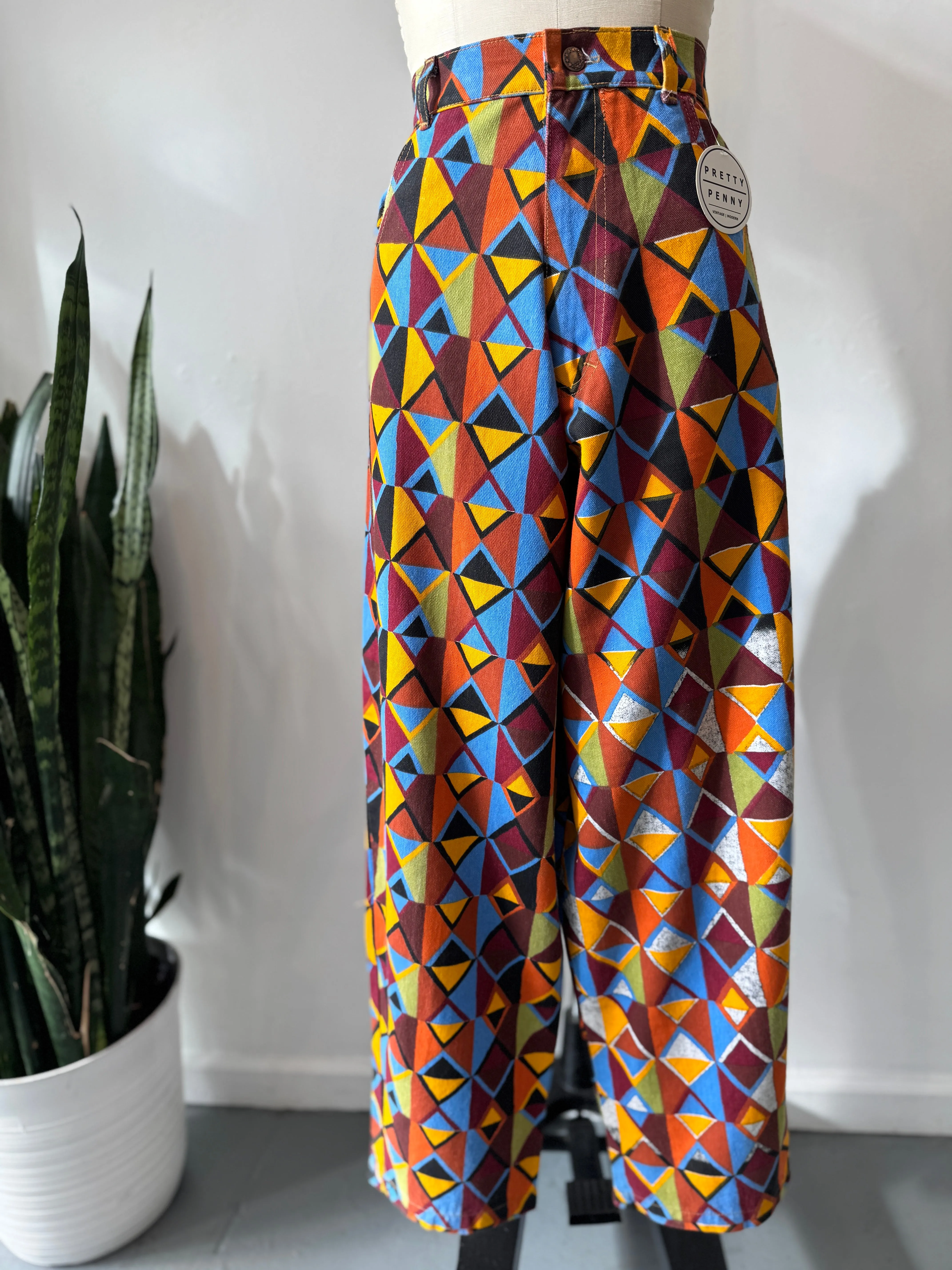 High waist vibrant color   print pants waist “34”