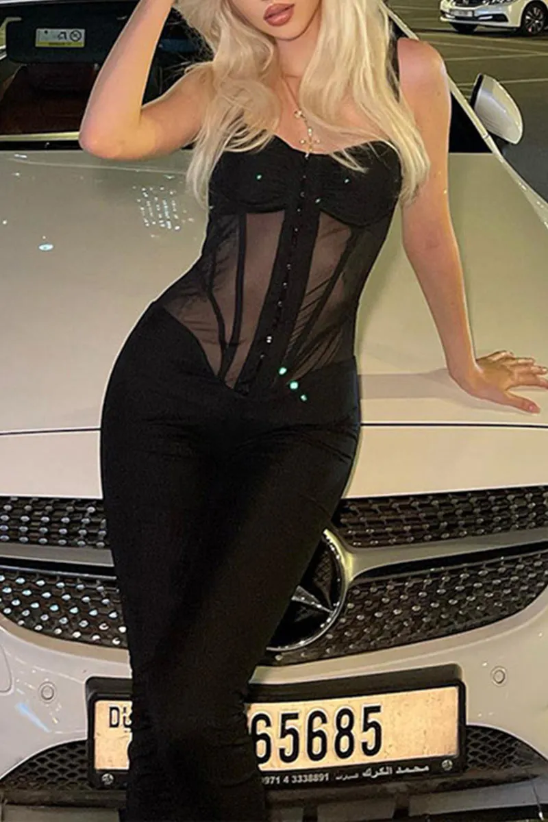 JK638 Straps Low-Cut Mesh Slim Jumpsuit