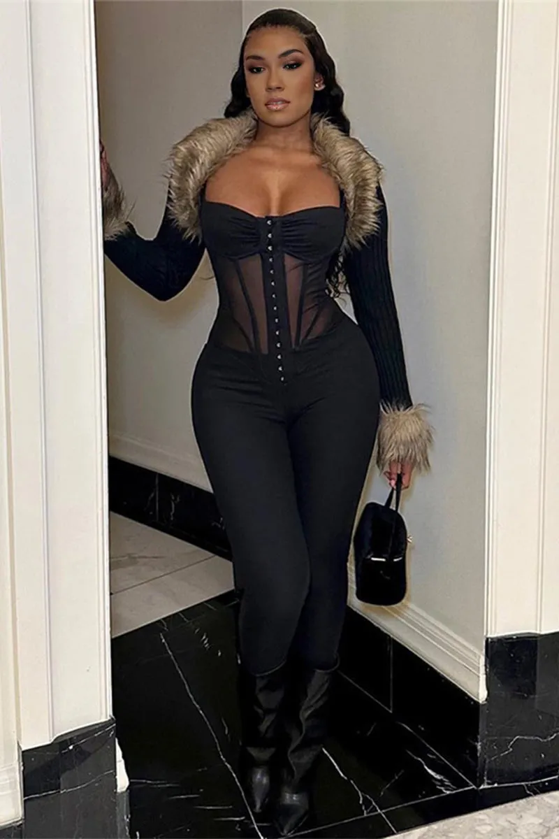 JK638 Straps Low-Cut Mesh Slim Jumpsuit