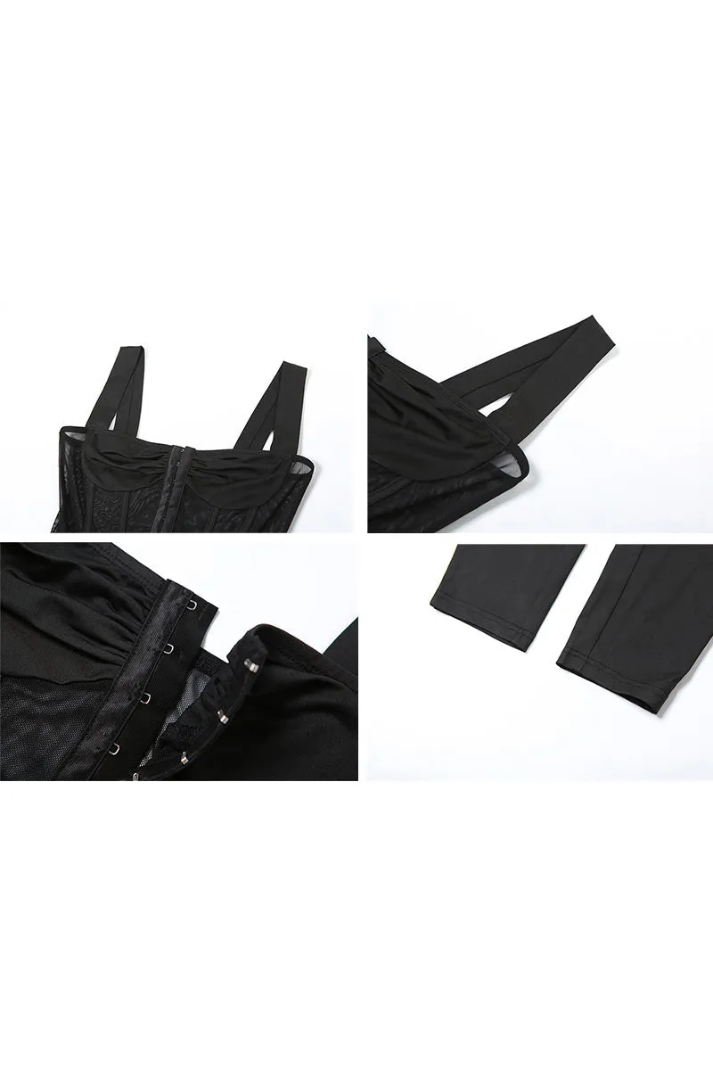 JK638 Straps Low-Cut Mesh Slim Jumpsuit