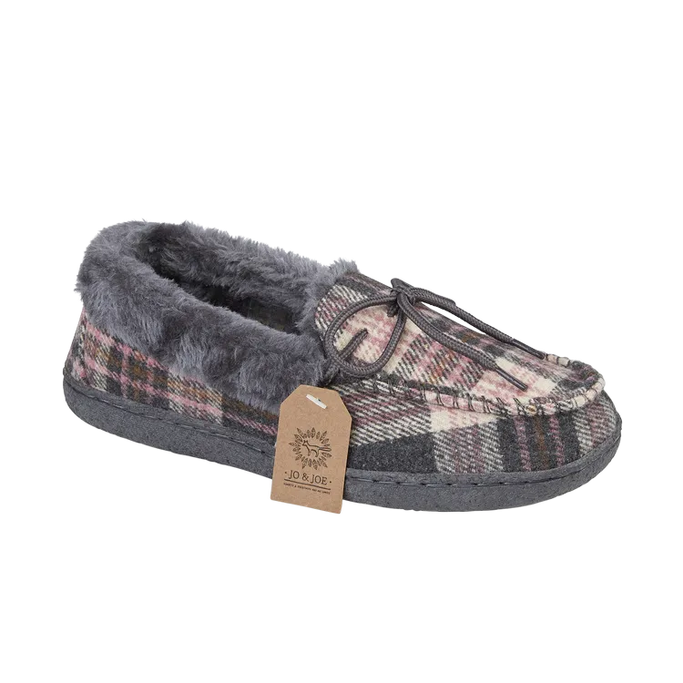 Jo & Joe Ladies fur lined Moccasin Slipper Pembroke PEBBLE