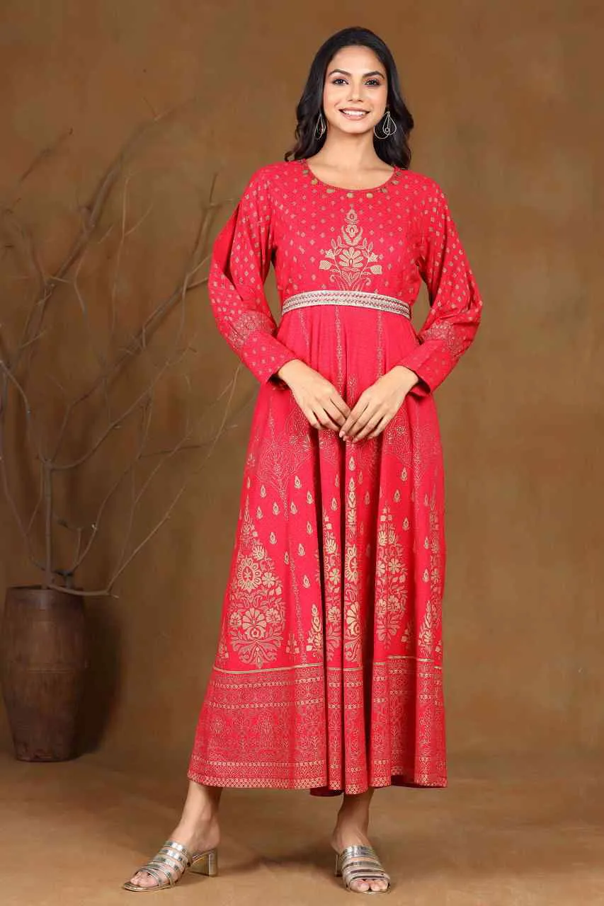 Juniper Fuchsia Ethnic Motif Printed Rayon Flared Maxi Dress.