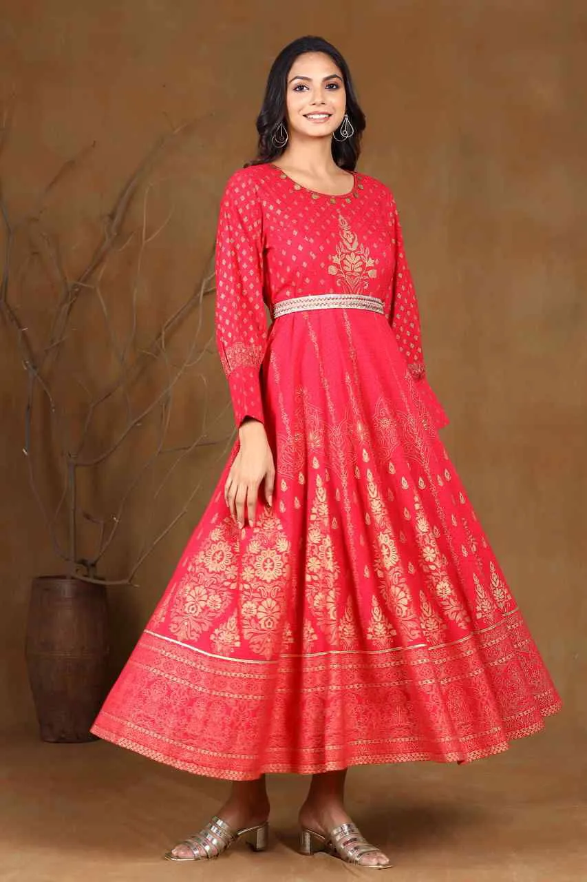Juniper Fuchsia Ethnic Motif Printed Rayon Flared Maxi Dress.