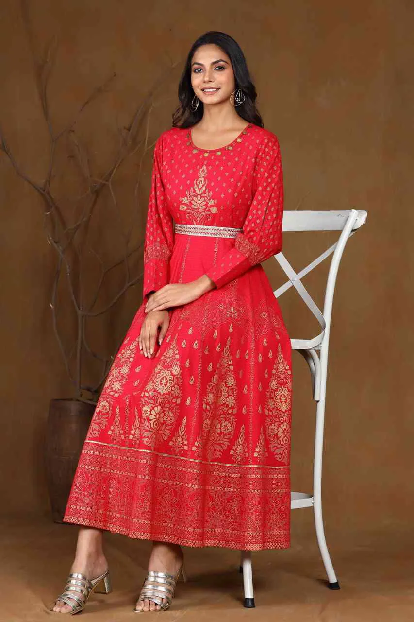 Juniper Fuchsia Ethnic Motif Printed Rayon Flared Maxi Dress.