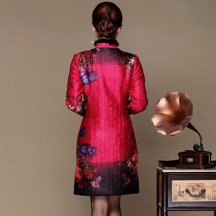 Knee Length Silk & Linen Fur Collar Cheongsam Chinese Dress