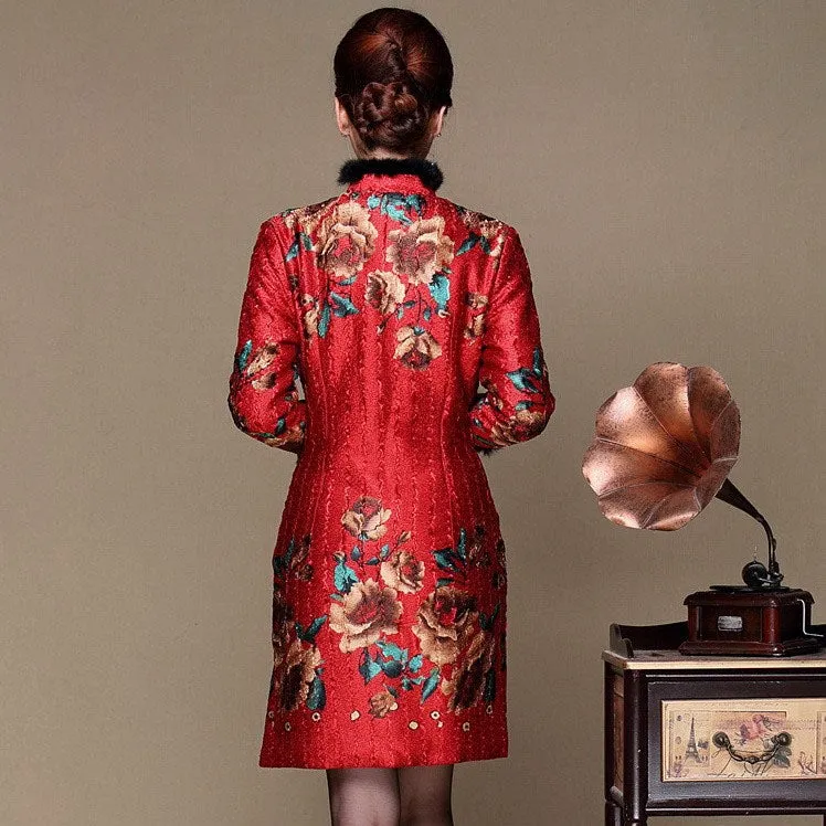 Knee Length Silk & Linen Fur Collar Cheongsam Chinese Dress