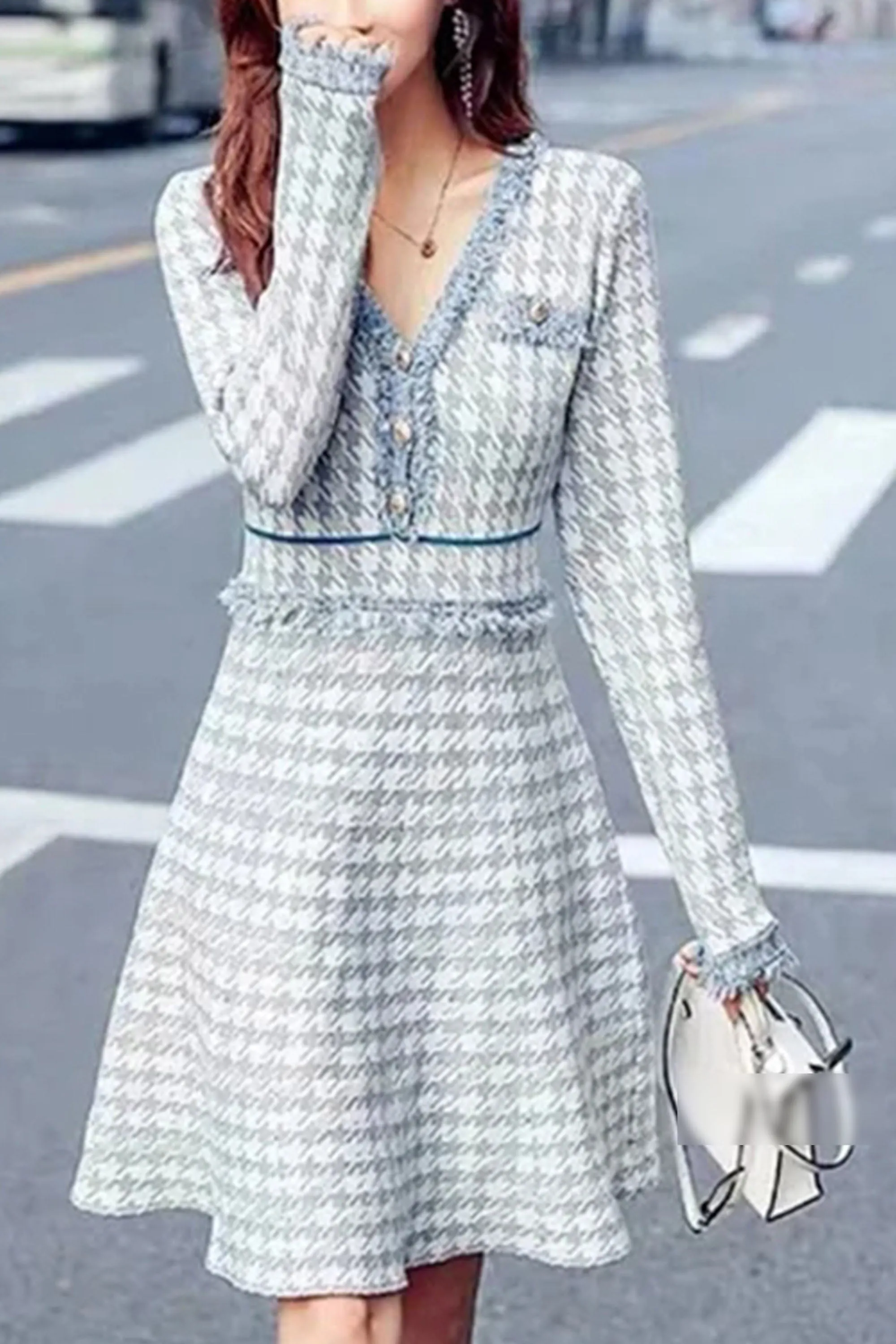 Knit V-neck Long Sleeve Button plaid Dress