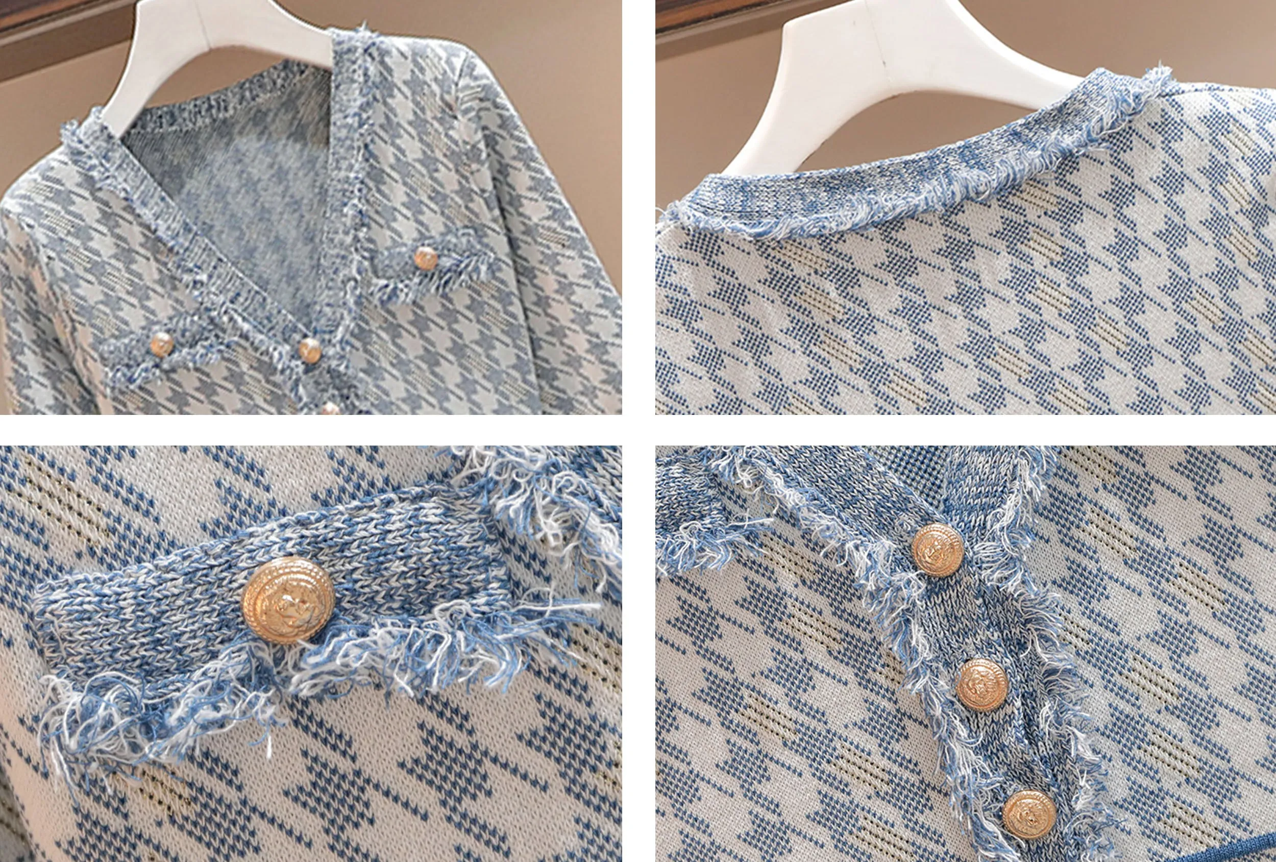 Knit V-neck Long Sleeve Button plaid Dress