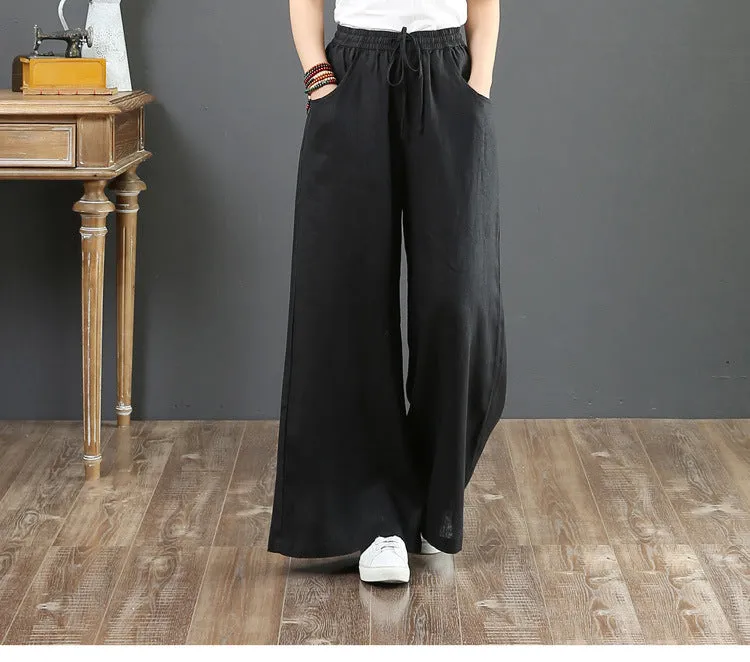 Korea Art Cotton Blend Loose Plus Size Wide Leg Pants High Waist Floor Length Straight Long Line Women Pants