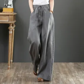 Korea Art Cotton Blend Loose Plus Size Wide Leg Pants High Waist Floor Length Straight Long Line Women Pants