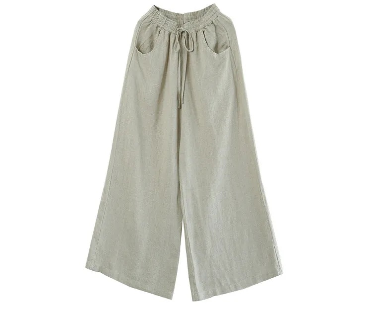 Korea Art Cotton Blend Loose Plus Size Wide Leg Pants High Waist Floor Length Straight Long Line Women Pants