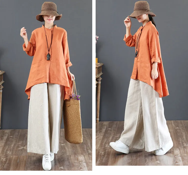 Korea Art Cotton Blend Loose Plus Size Wide Leg Pants High Waist Floor Length Straight Long Line Women Pants