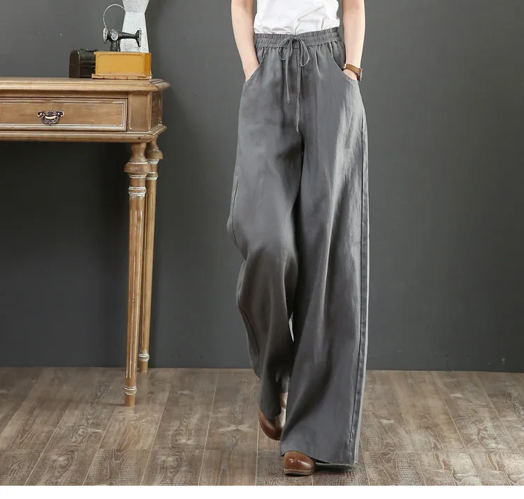 Korea Art Cotton Blend Loose Plus Size Wide Leg Pants High Waist Floor Length Straight Long Line Women Pants