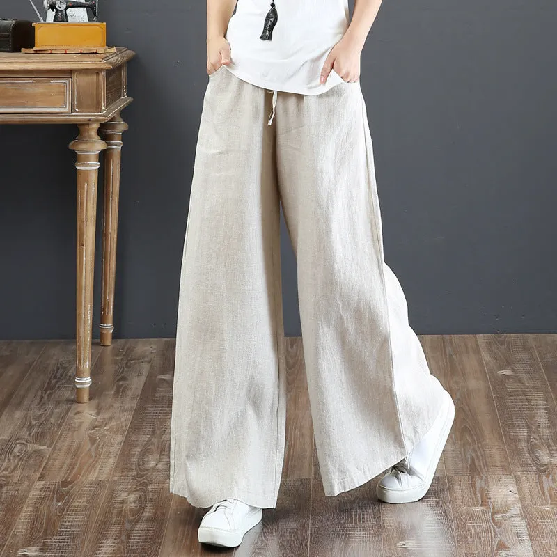 Korea Art Cotton Blend Loose Plus Size Wide Leg Pants High Waist Floor Length Straight Long Line Women Pants