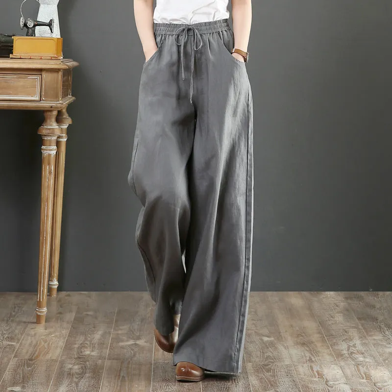 Korea Art Cotton Blend Loose Plus Size Wide Leg Pants High Waist Floor Length Straight Long Line Women Pants