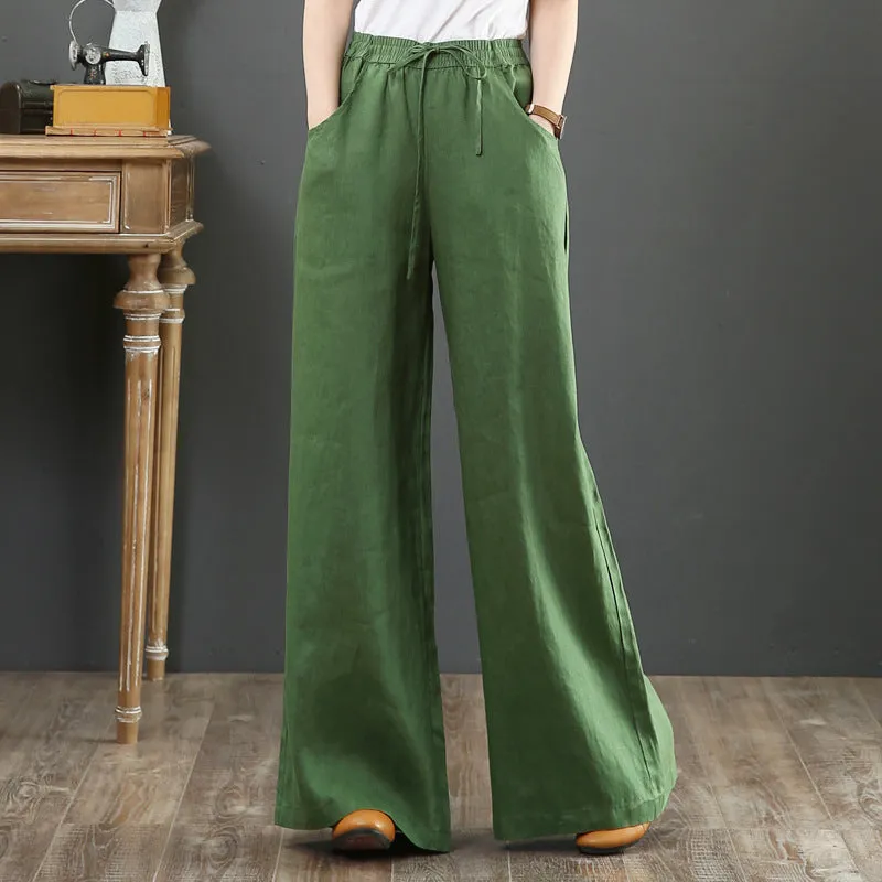 Korea Art Cotton Blend Loose Plus Size Wide Leg Pants High Waist Floor Length Straight Long Line Women Pants