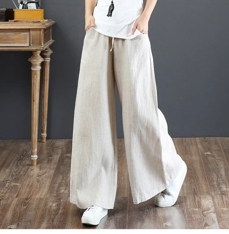 Korea Art Cotton Blend Loose Plus Size Wide Leg Pants High Waist Floor Length Straight Long Line Women Pants