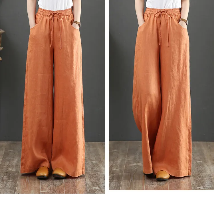Korea Art Cotton Blend Loose Plus Size Wide Leg Pants High Waist Floor Length Straight Long Line Women Pants