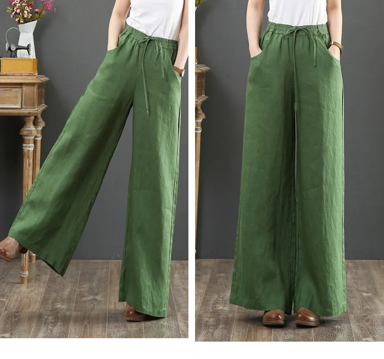 Korea Art Cotton Blend Loose Plus Size Wide Leg Pants High Waist Floor Length Straight Long Line Women Pants